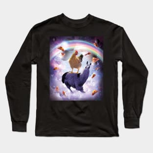 Chicken Riding Llama In Space - Rainbow Long Sleeve T-Shirt